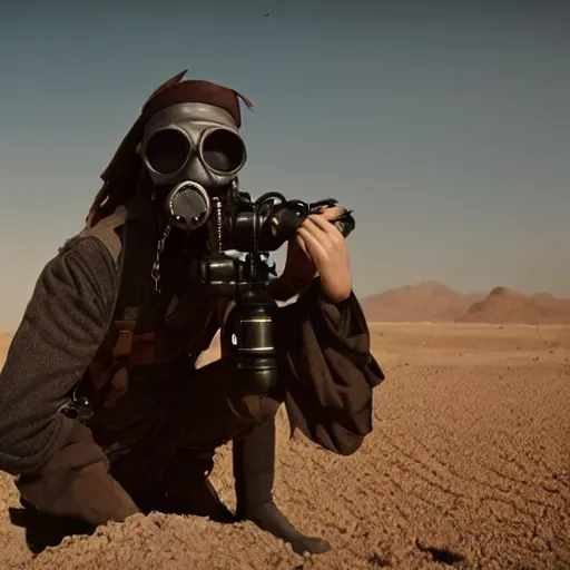 Image similar to a pirate wearing a gasmask, in the desert, film still, panavision panaflex