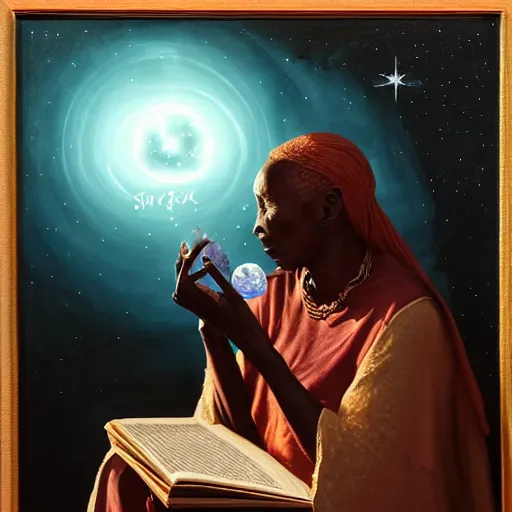 Prompt: an elder african psychic woman reading her crystal ball while holding a book of spells under a meteor shower, greg rutkowski and android jones and amanda sage, oil on canvas, 8k