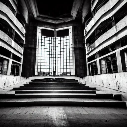 Image similar to abandoned architectural masterpiece, cctv footage, dramatic lighting