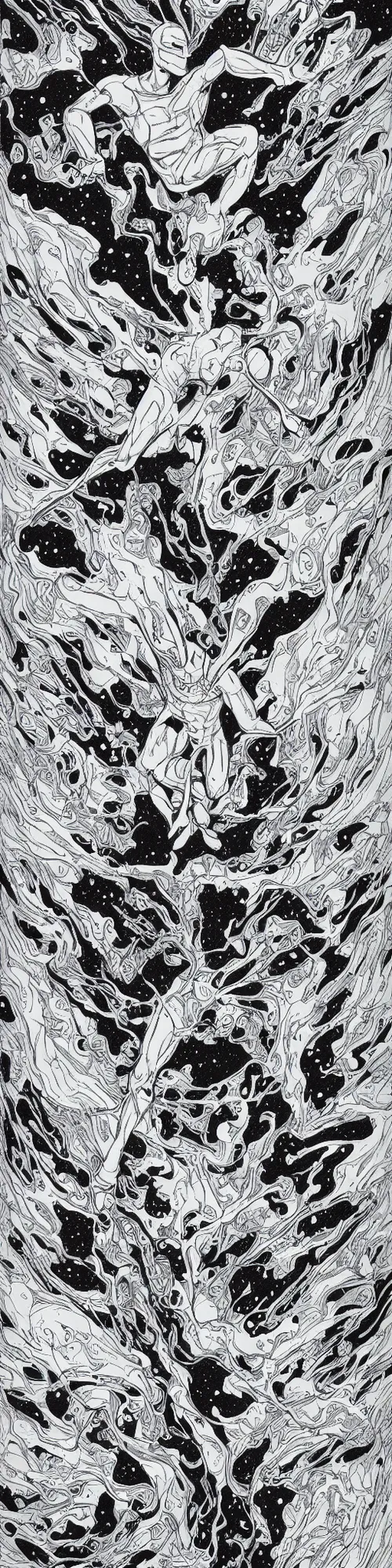 Prompt: silver surfer in space hovering above earth, by james jean, black and white, pencil drawing,