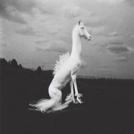 Prompt: a black Pegasus photographed by Andrej Tarkovsky, kodak 5247 stock