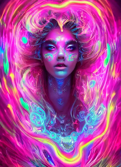 Prompt: psychedelic [ chemiluminescence ] [ [ [ smiling ] ] ] dancing elegant gorgeous woman chakra spirit, swapped channel, with pink hair smoke and fluid dynamics, colorful, psychedelic, lsd, ornate, intricate, digital painting, concept art, smooth, sharp focus, illustration, blacklight reacting, art by artgerm and greg rutkowski