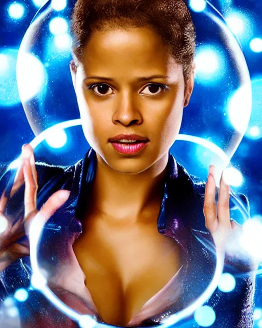 Image similar to drew struzan style movie poster of gugu mbatha - raw dressed as sue storm, the invisible woman from the fantastic four, with her hands held up, she is generating an iridescent bubble of particles around her body in the form of a shimmering bubble force field, soft focus, bokeh, 5 0 mm