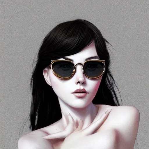 Prompt: high society e - girl, raf simons, sunglasses, egoist, heroine, beautiful, condescending, smirk, detailed portrait, intricate complexity, in the style of charlie bowater and artgerm, quixel megascan