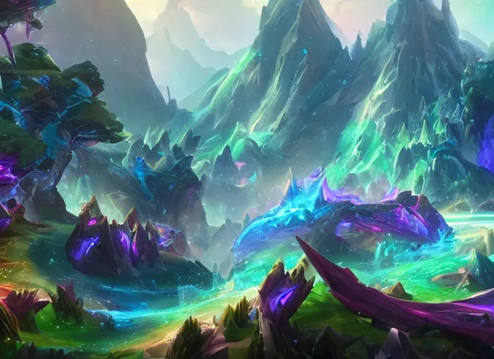 Image similar to landscape portrait of mysterious crystal biome with glowwave dragons from league of legends, au naturel, hyper detailed, digital art, trending in artstation, cinematic lighting, studio quality, smooth render, unreal engine 5 rendered, octane rendered, art style by pixar dreamworks warner bros disney riot games and overwatch.