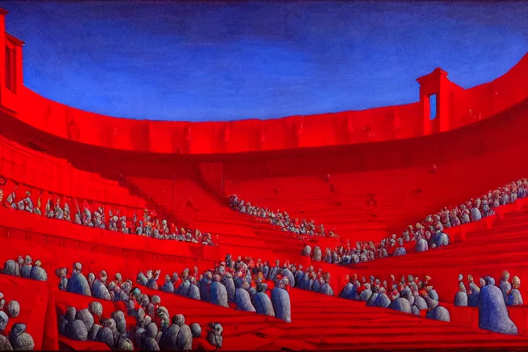 Image similar to only with red, a red great emperor, taormina amphitheatre, crowd with big smile, in the style of beksinski, parts by edward hopper, parts by rodcenko, parts by yue minjun, intricate and epic composition, red by caravaggio, insanely quality, highly detailed, masterpiece, red light, artstation, 4 k