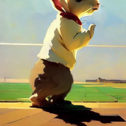 Image similar to a rabbit with ears down standing up by studio ghibli painting by joaquin sorolla rhads leyendecker an aesthetically pleasing dynamic energet