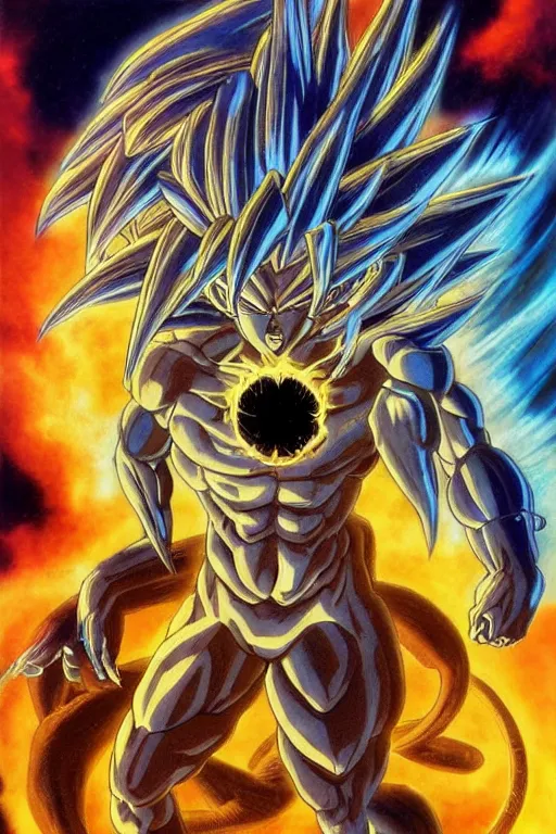 Prompt: Male Anime Character Goku Super Saiyan 4 in the center giygas epcotinside a space station eye of providence vivid to eye hellscape mind character by HR Giger, by Frank Frazetta, by Beksinski Finnian