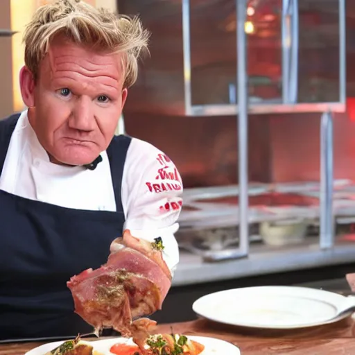 Prompt: gordon ramsay turned into a cooked leg of ham on a plate