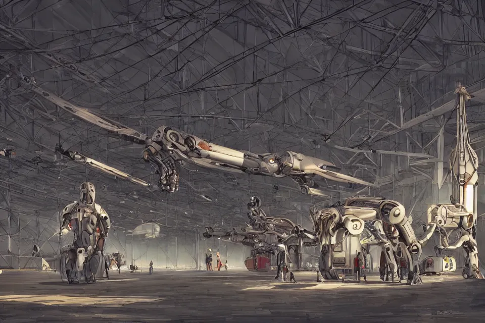 Image similar to hangar with giant humanoid robots, Industrial Scifi, detailed illustration, character design, by Martin Grip and Moebius