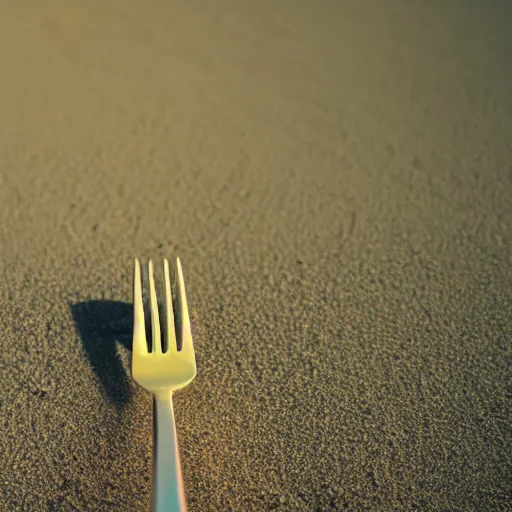 Image similar to a photorealistic fork in the sand, Movie Still, Triadic color grading.