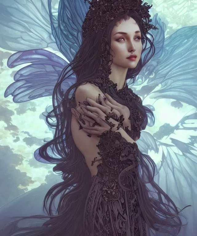 Image similar to beatiful woman turning into a dark angel, dark surrealism , scifi, intricate, elegant, highly detailed, artstation, concept art, smooth, sharp focus, illustration, art by artgerm and moebius and alphonse mucha