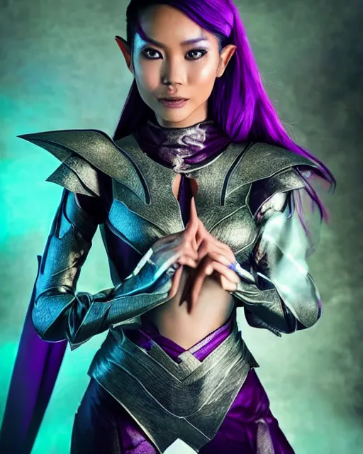 Image similar to a beautiful indonesian woman with a pixie like hairdo and elf ears wears a purple futuristic armored superhero costume, photorealistic