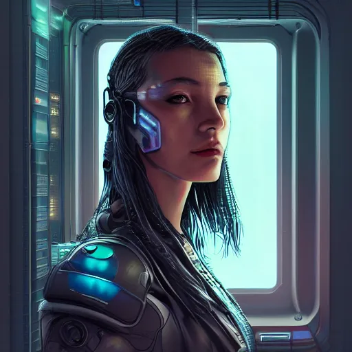 Prompt: portrait of cyberpunk woman looking out of a window, cyberpunk setting, futuristic, highly detailed, intricate lighting, digital painting, sharp focus, illustration, trending on artstation, by rob rey