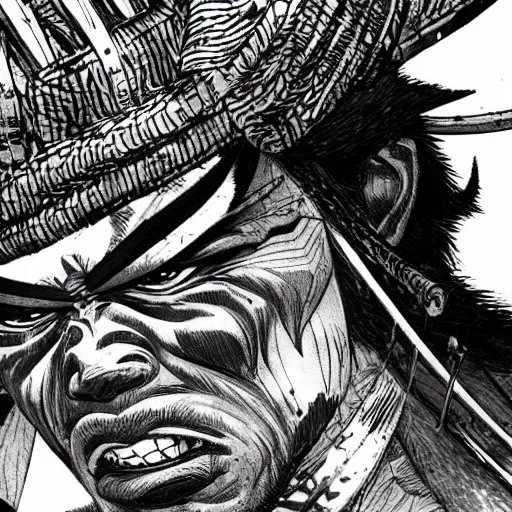 Image similar to a close up of an enraged samurai, stunning details, by kim jung gi