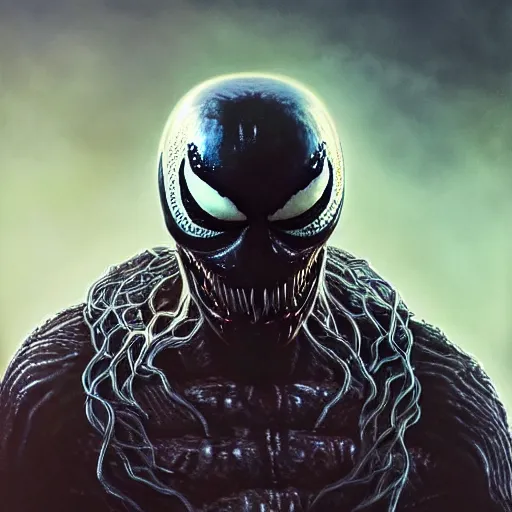 Image similar to portrait of venom, intricate artwork, concept art, octane render, deviantart, cinematic, key art, hyperrealism, iridescent accents, portrait photograph, nikon 3 5 mm, photograph by greg rutkowski