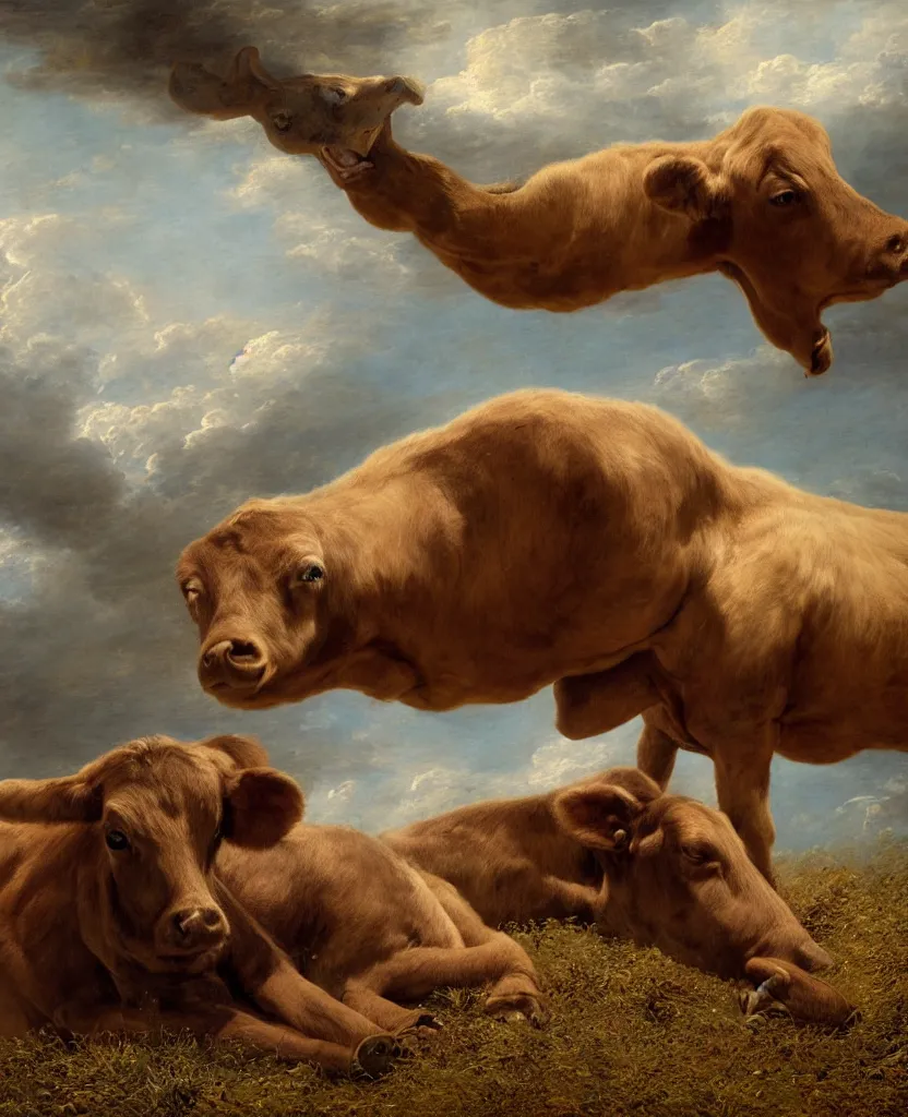 Prompt: a two headed brown calf ( ( laying down alone ) ) in a pasture, windy, stoic, modern, cgsociety, hyperdetailed, dramatic, stars, epic painting, shooting stars, painted by jean honore fragonard and greg rutkowski, full body, octane render, sharpness, 8 k, golden ratio