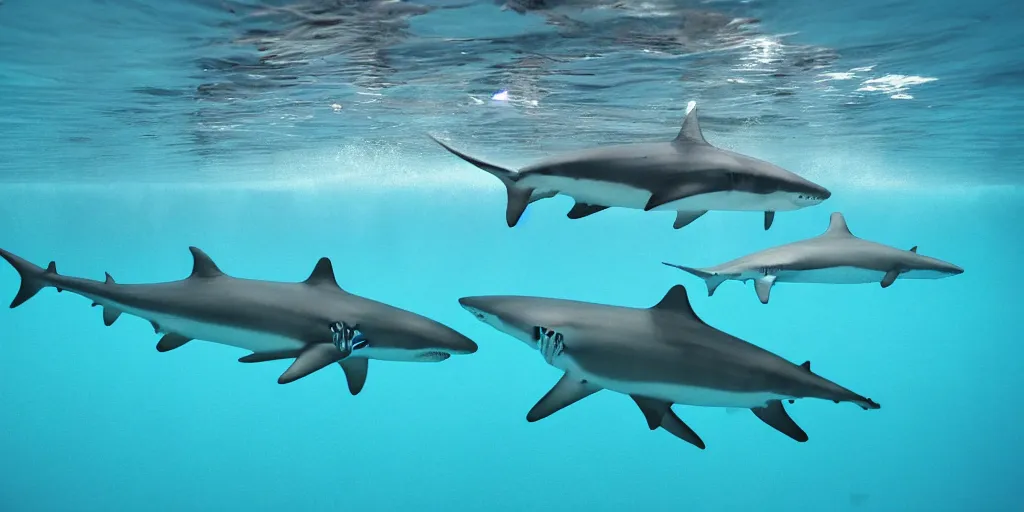 Prompt: underwater shot of sharks in a pool