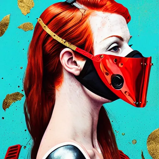 Image similar to portrait of red head woman with a diver mask :: side profile :: in ocean :: guns and bullets :: metallic clockwork details :: gold and petals pattern :: blood and horror :: by marvel and Sandra Chevrier