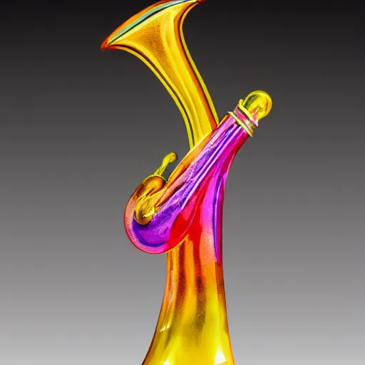 Prompt: murano glass vase shaped like an animal playing a jazz instrument, dim neon lighting showcase in a high end department store, professional photo, 8 k, 4 k, studio lighting