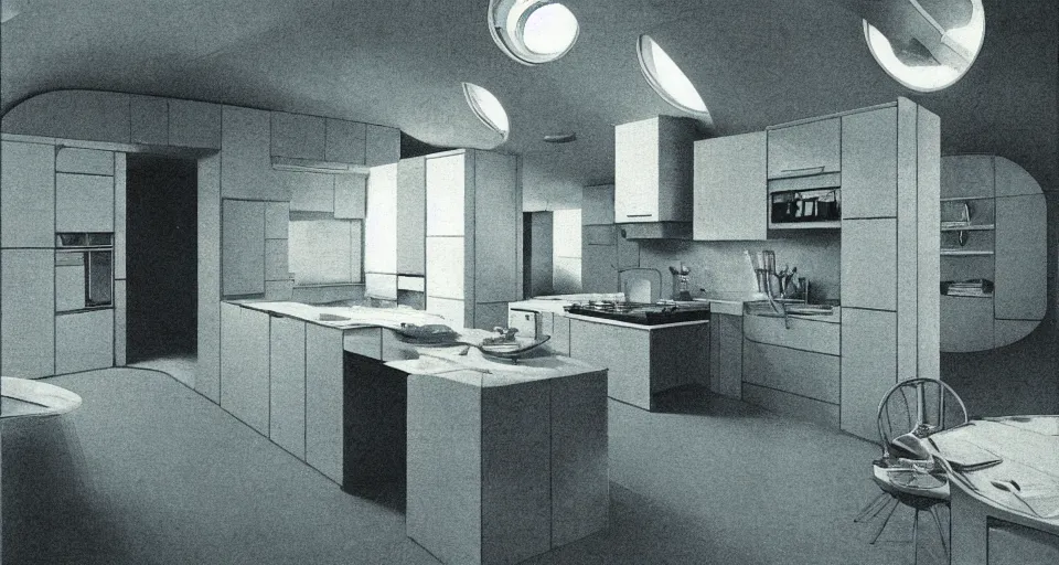 Prompt: IKEA catalogue photo of a kitchen on a spaceship, by Beksinski