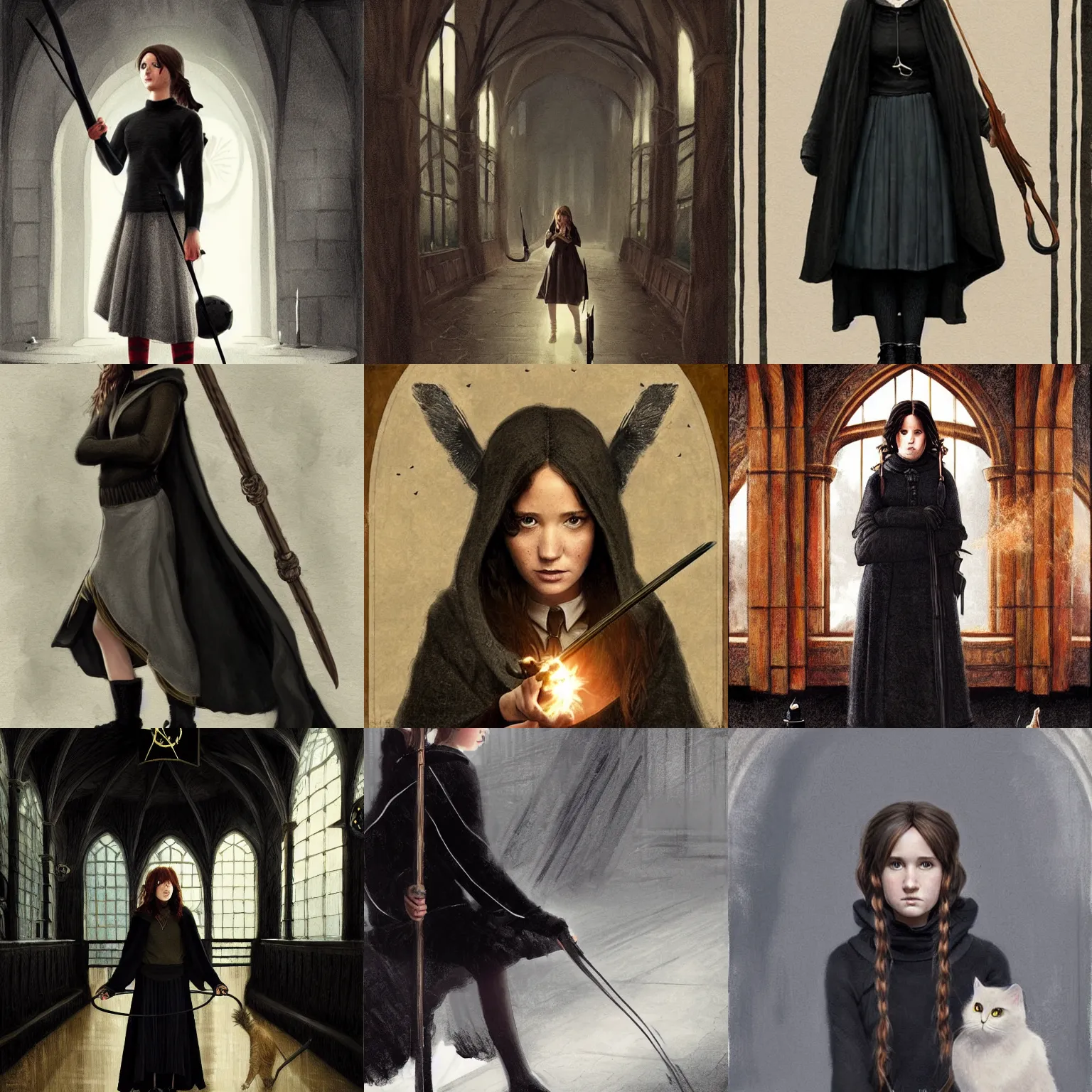 Prompt: ( ( ( ( ( katniss everdeen ) ) ) ) ) as a hermione granger, black wool sweater, cloak, skirt, holding wand, black cat at her feet, hogwarts great hall, digital art, greg rutkowski