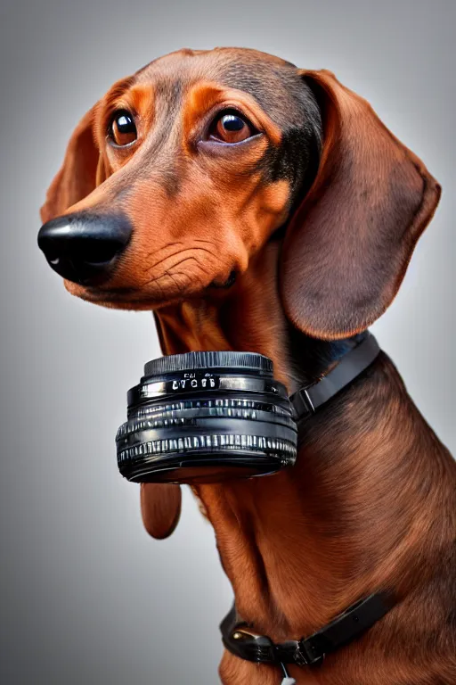 Image similar to Photo of a dachshund with Ron Swanson moustache, portrait, 3/4 view, Refined, Detailed professional photo, 50mm lens, Canon eos, blurry distant background, Highly Detailed, Cinematic Lighting, 8k