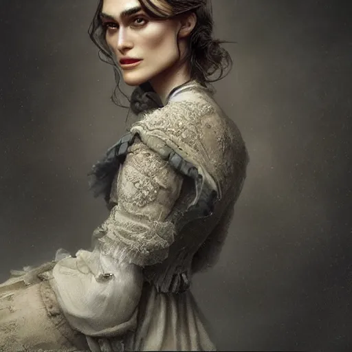 Prompt: Portrait of Keira Knightley in victorian london, elegant, highly detailed, fantasy, artstation, smooth, sharp focus, octane render