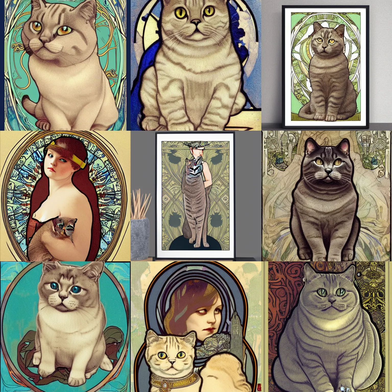 Prompt: British shorthair in the style of Mucha