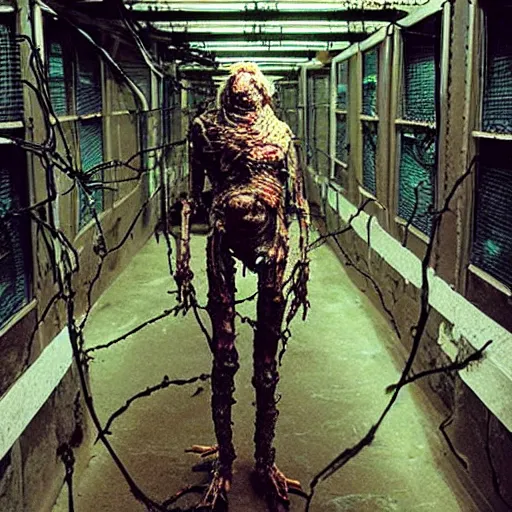 Image similar to “ugly filthy gross fleshy raw meat insectoid cybernetic mummy knight wrapped in barbed wire standing in a filthy dirty small server room covered with graffiti, garbage and networking cables. David Cronenberg. Body horror style. 35mm.”