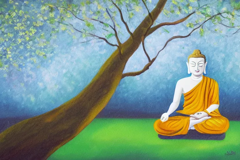 Image similar to painting of a peaceful buddha meditating under a tree, acrylic art, calm, soothing, cosy, elegant, soft light,