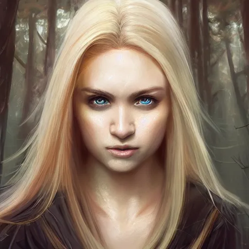 Prompt: epic portrait, An ninja female without her mask, blonde flowing long hair, pretty face, glossy lips, glowing eyes, Blurred forest backround, digital painting, artstation, concept art, soft light, hdri, smooth, sharp focus, illustration, fantasy, intricate, elegant, highly detailed, D&D, matte painting, in the style of Greg Rutkowski and Alphonse Mucha and artemisia, 8k, highly detailed, jurgens, rutkowski, bouguereau, pastoral, rustic, georgic