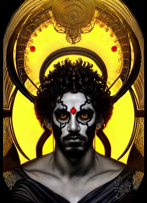 Image similar to portrait of greek god ares, black curly hair, glowing eyes, volumetric lights, face tattoo, yellow red scheme, art nouveau botanicals, gothic, intricate, highly detailed, digital painting, artstation, concept art, smooth, sharp focus, symmetric face, illustration, steampunk, art by artgerm and greg rutkowski and alphonse mucha