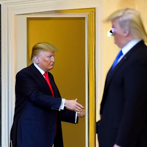 Prompt: Donald Trump entering meeting office of American Psycho, with a white card in his hand