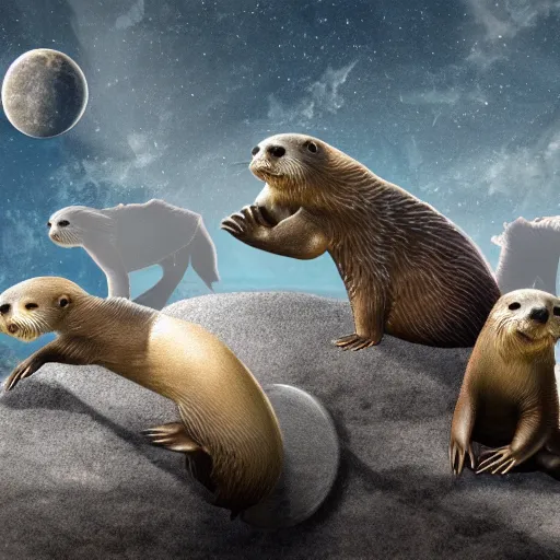 Image similar to a group of otters jumping on the moon, matte painting, concept art, detailed, 4k