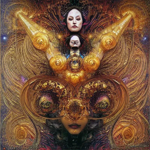 Image similar to Divine Chaos Engine by Karol Bak, Jean Deville, Gustav Klimt, and Vincent Van Gogh, celestial, visionary, sacred, fractal structures, ornate realistic gilded medieval icon, spirals, atmospheric