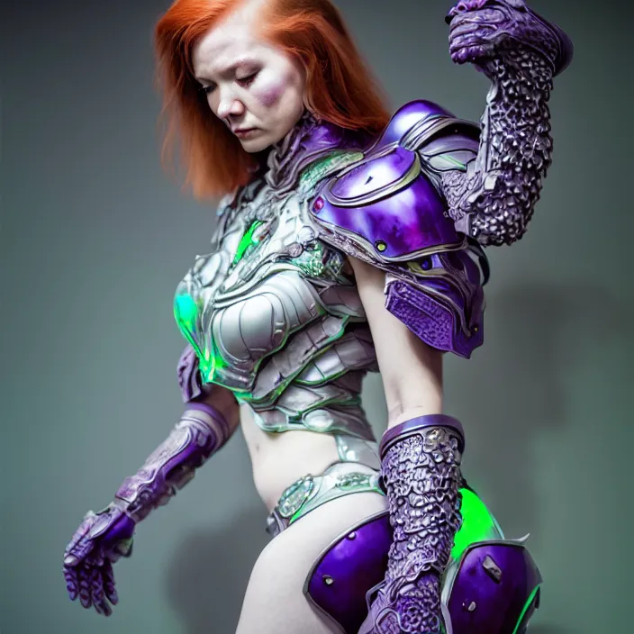 Image similar to porcelain cyborg armor, Chinese Kangxi purple and green fox pattern porcelain, diffuse lighting, fantasy, intricate, elegant, highly detailed, lifelike, redhead, photorealistic, digital painting, artstation, illustration, concept art, smooth, sharp focus, art by John Collier and Albert Aublet and Krenz Cushart and Artem Demura and Alphonse Mucha