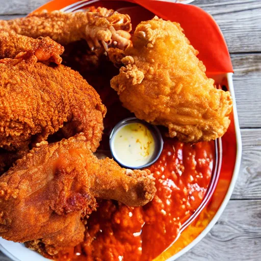 Image similar to photograph of a fried chicken and funnel cake basket, Buffalo sauce on the side, 4K, HD