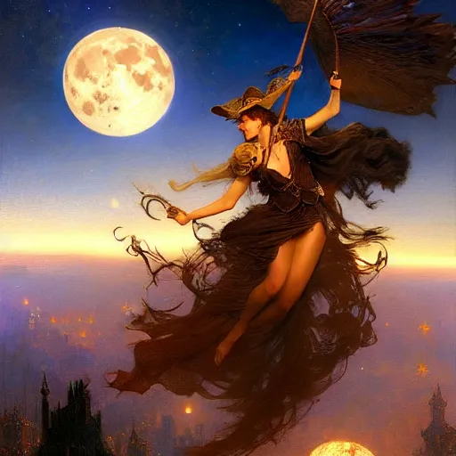 Image similar to witch flying, trough the night, fantasy, full moon in background. highly detailed painting by gaston bussiere, craig mullins, j. c. leyendecker 8 k