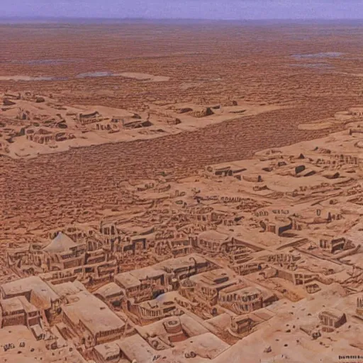 Prompt: an oblique aerial view of ancient timbuktu surrounded by desert. a river is running through timbuktu. painting by ted nasmith, earl norem, bob larkin.