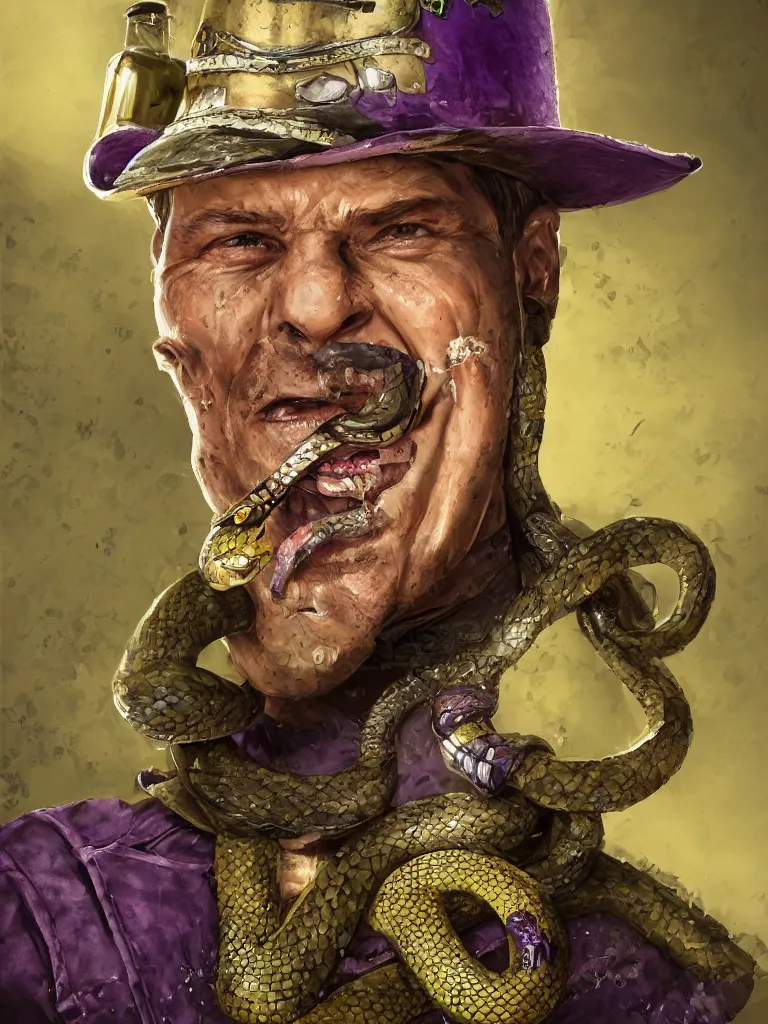 Prompt: professional corporate portrait closeup headshot profile picture of cowboy snake oil salesman wearing purple green medieval armour with snake oil stimulant tonic formula tincture dripping from his lips and dollar bill print tinted skin, by Greg Rutkowski, 8K, hyper detailed, realistic, by onesal, by sixnfive , behance 3d , studio photography DSLR, Photoreal epic composition