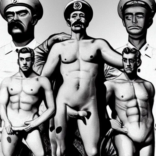 Image similar to lgbt art, tom of finland style, stalin, with lenin, in billy herrington body, art in 4 k, high quality