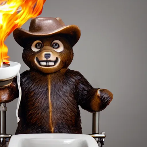 Image similar to UHD candid photo of Smokey The Bear in the lavatory sitting on a porcelain throne, playing with fire, by Annie leibowitz, photorealisitc, extremely detailed