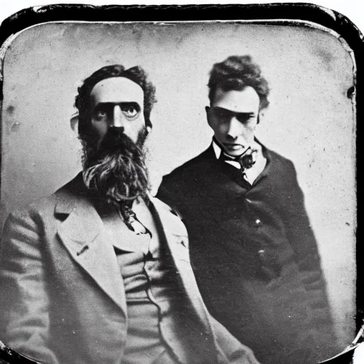 Image similar to tintype photo of rick and morty. 1 8 8 0 s