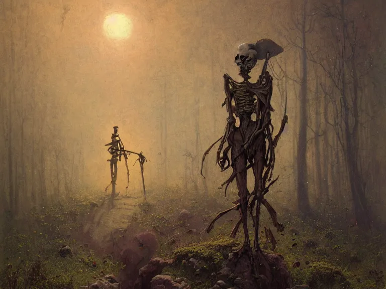 Image similar to a detailed profile illustration of a skelleton standing in a forrest, bounty hunter portrait symmetrica, aurora lighting clouds and stars by beksinski carl spitzweg and tuomas korpi. baroque elements. baroque element. intricate artwork by moebius. Trending on artstation. 8k