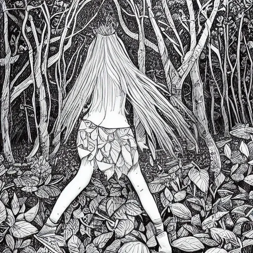 Prompt: a ultra detailed line art illustration of a red + haired + girl wandering alone in a mysterious forest, by thomke meyer and julia plath, intricate, fantasy, hyperdetailed