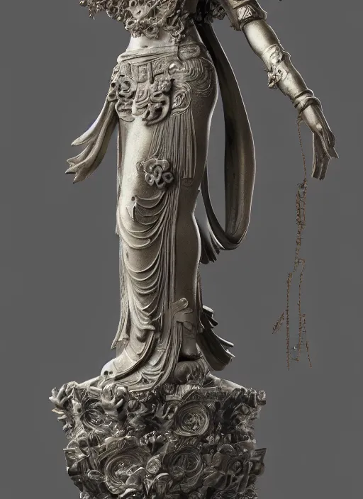 Image similar to a art deco sculpture statue of full body guanyin, intricate complexity,, statue by jane hamilton, ruan jia, character concept, radiant light,, frostbite 3 engine, cryengine, dof, trending on artstation, digital art, fantasy detailed abackground