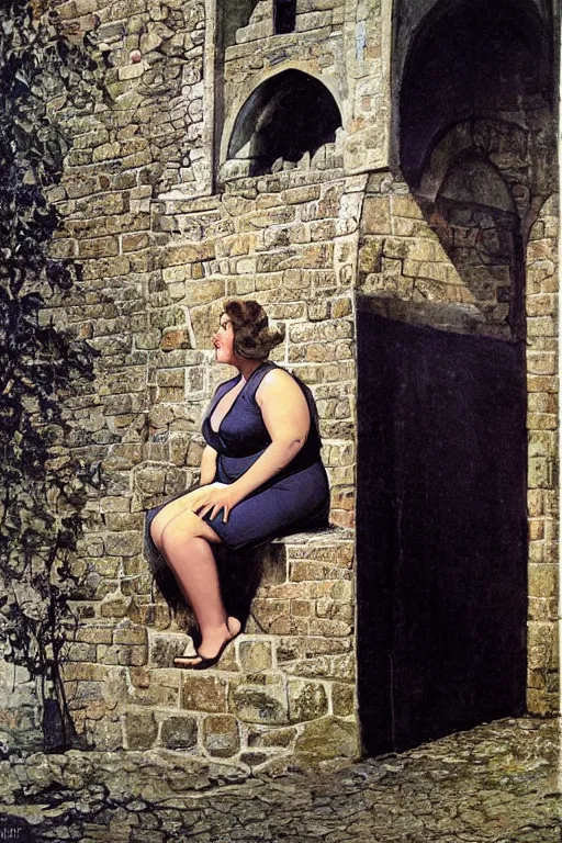 Prompt: plus - sized woman sitting on the stairs of a medieval building, summer, nature, natural light, forest setting, 1 9 6 0 s art, realistic, neo - renaissance, pop art, fantasy art, mixed media, by tom wesselman, by mel ramos, by martial raysse, by antonello de messina, by jim silke