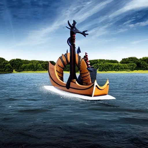 Image similar to speedboat that looks like a viking ship sailing down a river