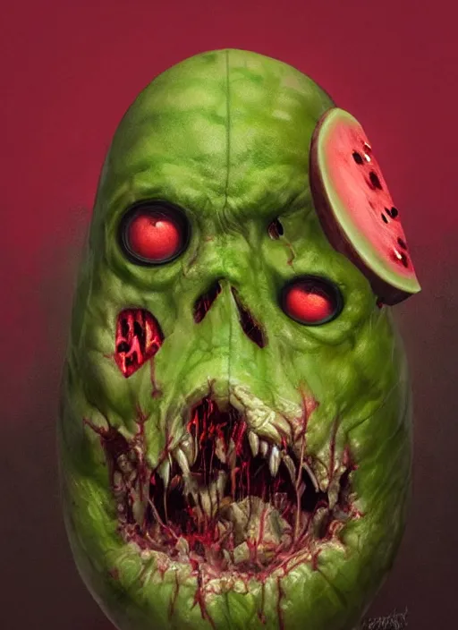 Image similar to hyper realistic photography portrait of smiling zombie with a watermelon helmet cinematic, greg rutkowski, brom, james gurney, mignola, craig mullins, artstation, cgsociety